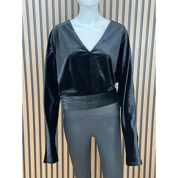 Good American Women's 3 Black Blouse Top Velvet Wrap Around Belt Stretch V-Neck - Picture 1 of 9